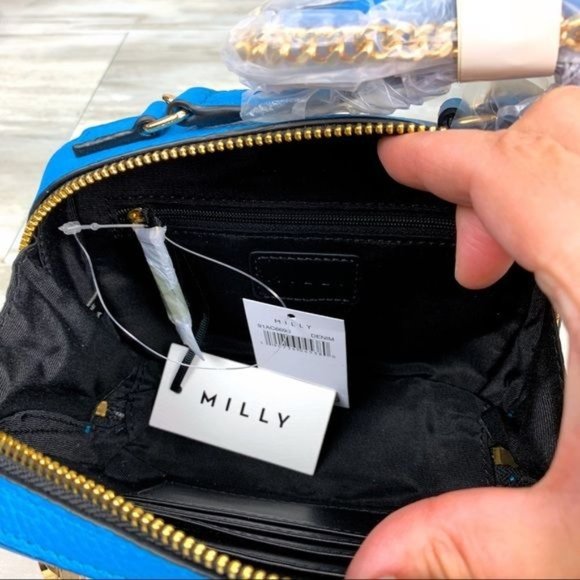 NWT Milly Bright Blue Gold Genuine Pebbled Leather Mini Satchel Purse Handbag - Picture 5 of 12